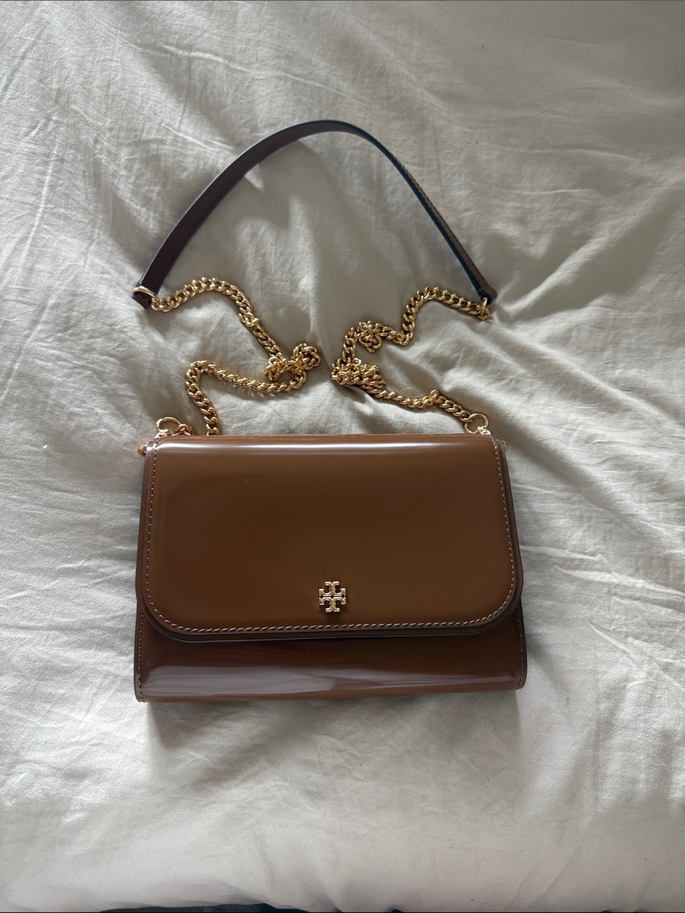 Tory Burch Brown Patent Leather Chain Shoulder Bag with Gold Hardware